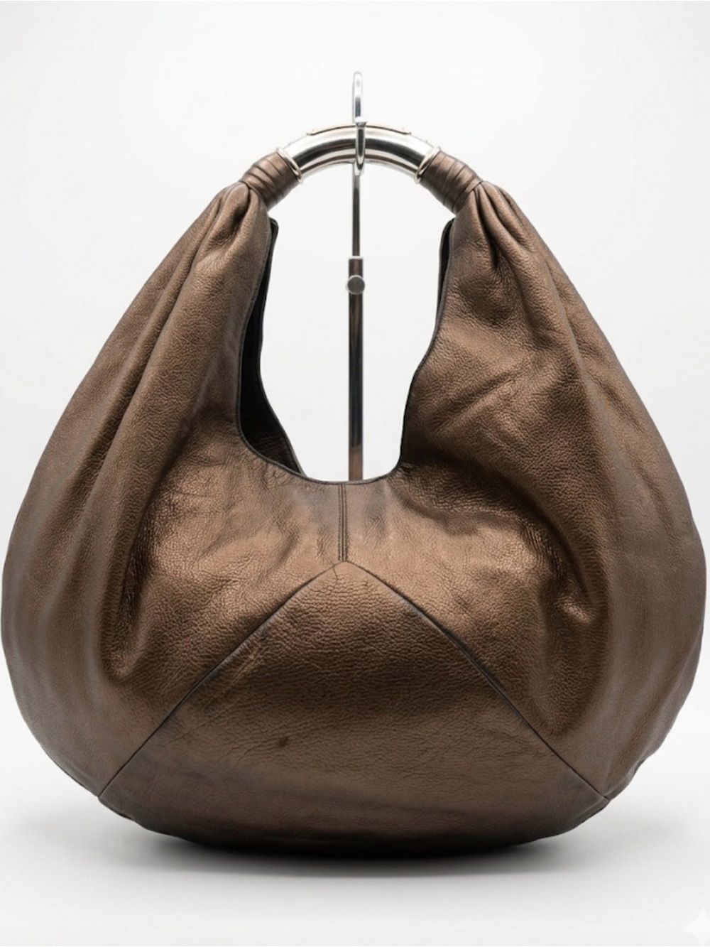 Bvlgari Chocolate Brown Leather Hobo Mombasa Silver Tone Handle Bag Bulgari Vtg